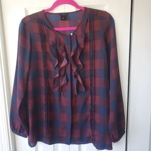 Ann Taylor Factory Plaid Ruffle Top Burgundy & Blue Sz S Holiday Preppy Feminine